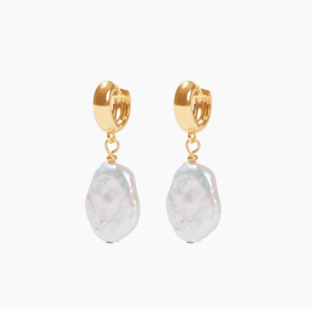 My Spare Change Gold Plated Pearl Dangle Huggie Hoop Pierced Earrings